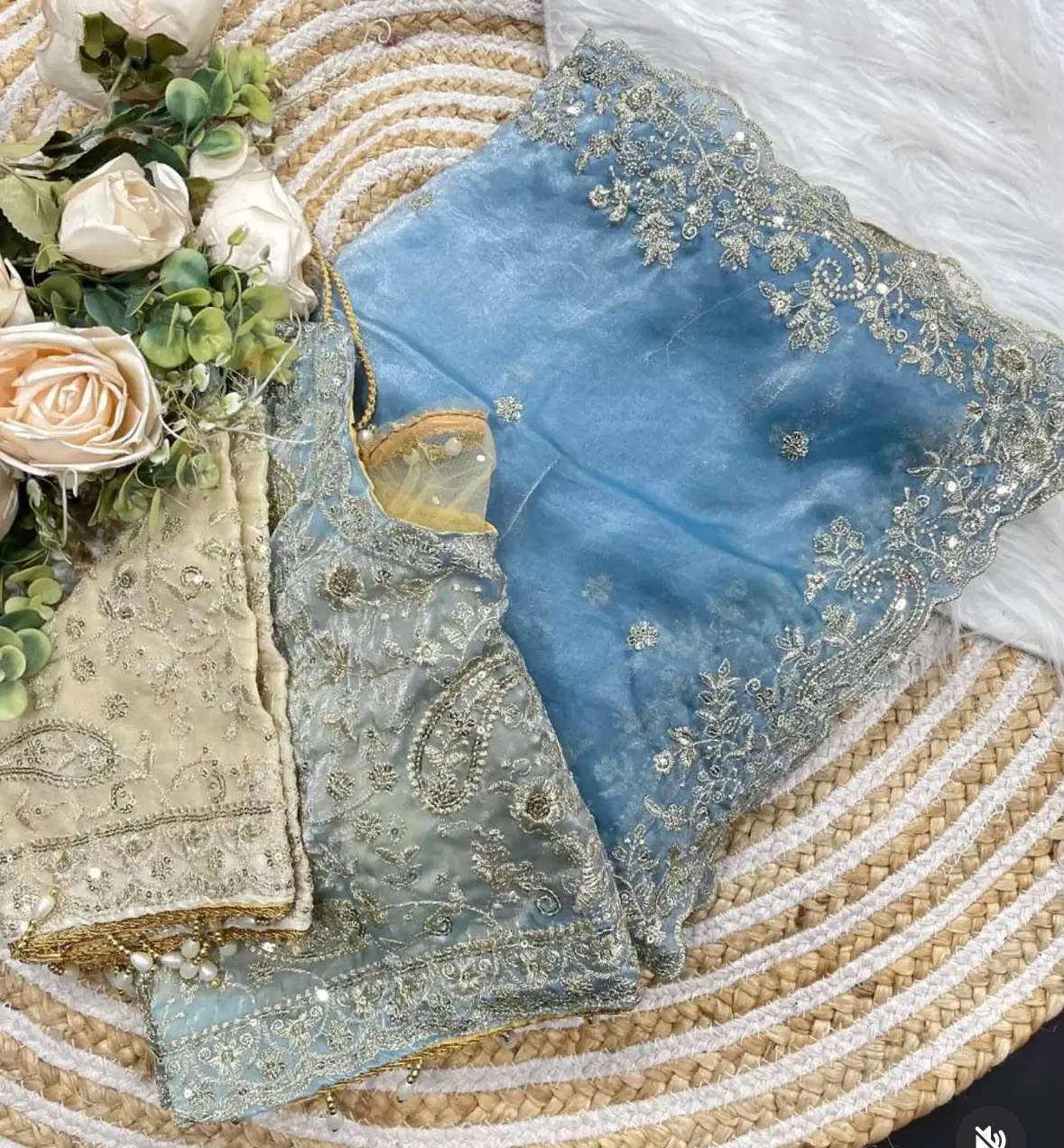 Powder blue and white ombre organza saree & Stitched Blouse in Germany Namma Markt