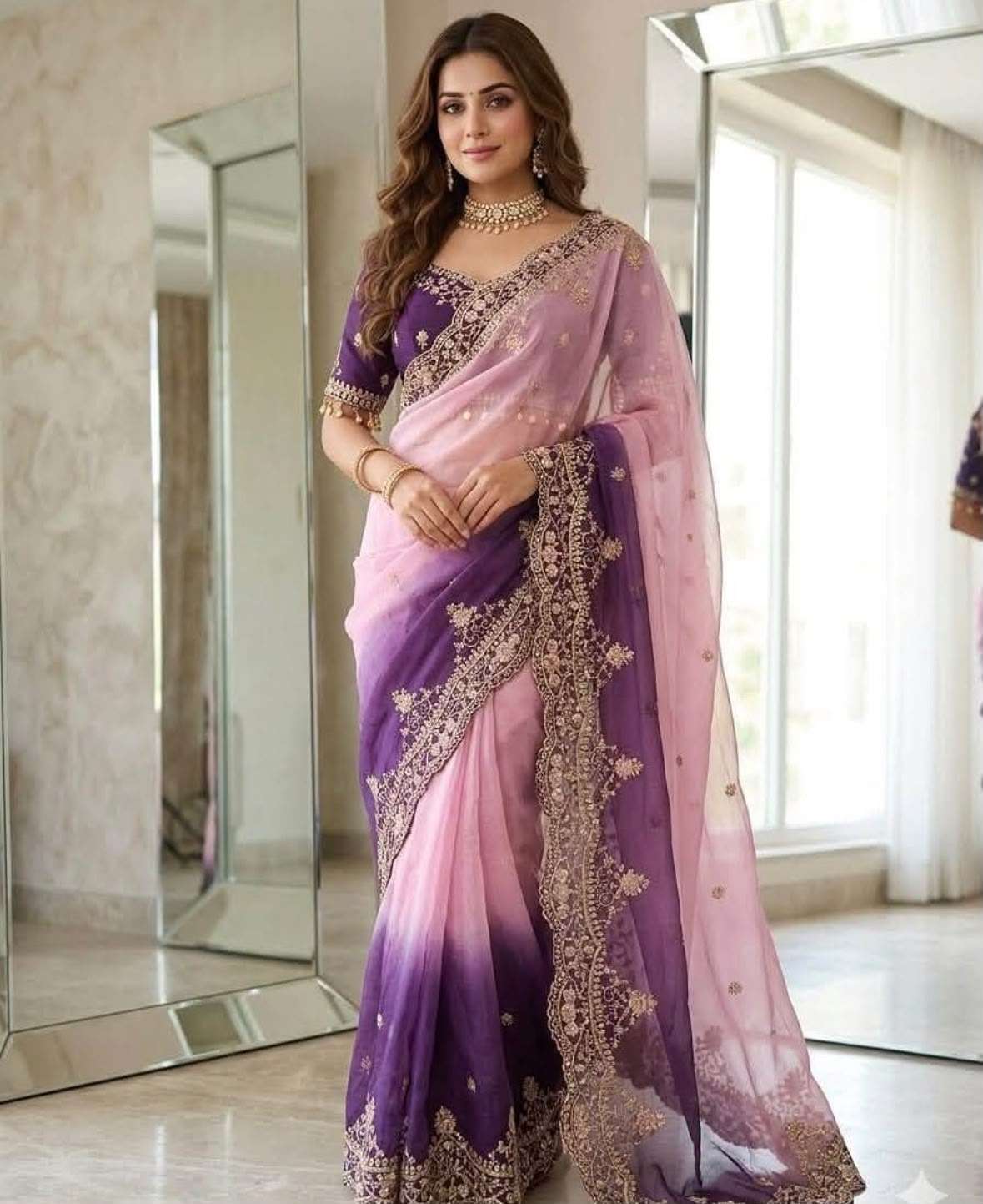 Pink and Purple Ombre Georgette Designer Saree with Heavy Embroidered Border and stitched Blouse in Germany