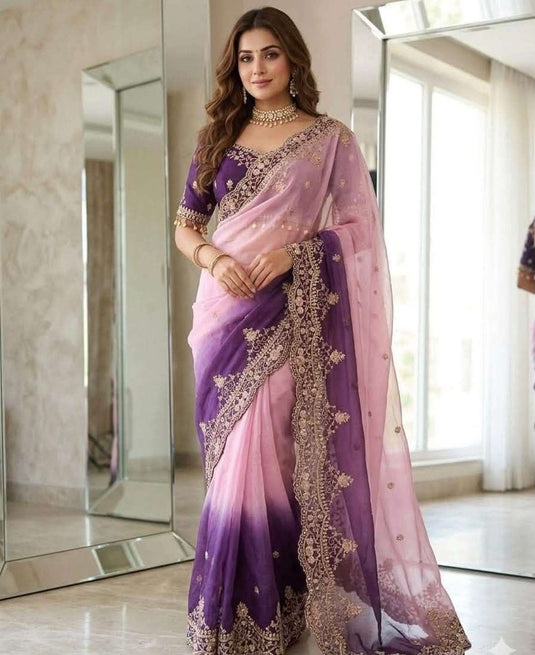 Pink and Purple Ombre Georgette Designer Saree with Heavy Embroidered Border and stitched Blouse in Germany