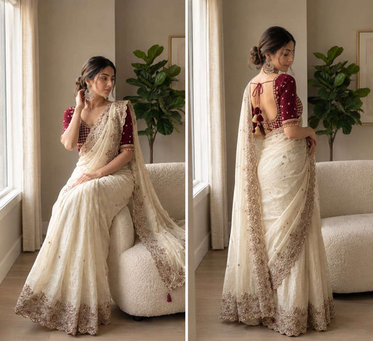 Elegant Off-White Satin Silk Saree with Velvet stitched Blouse in Germany