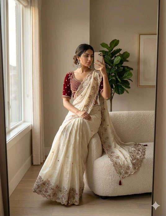 Elegant Off-White Satin Silk Saree with Velvet stitched Blouse in Germany