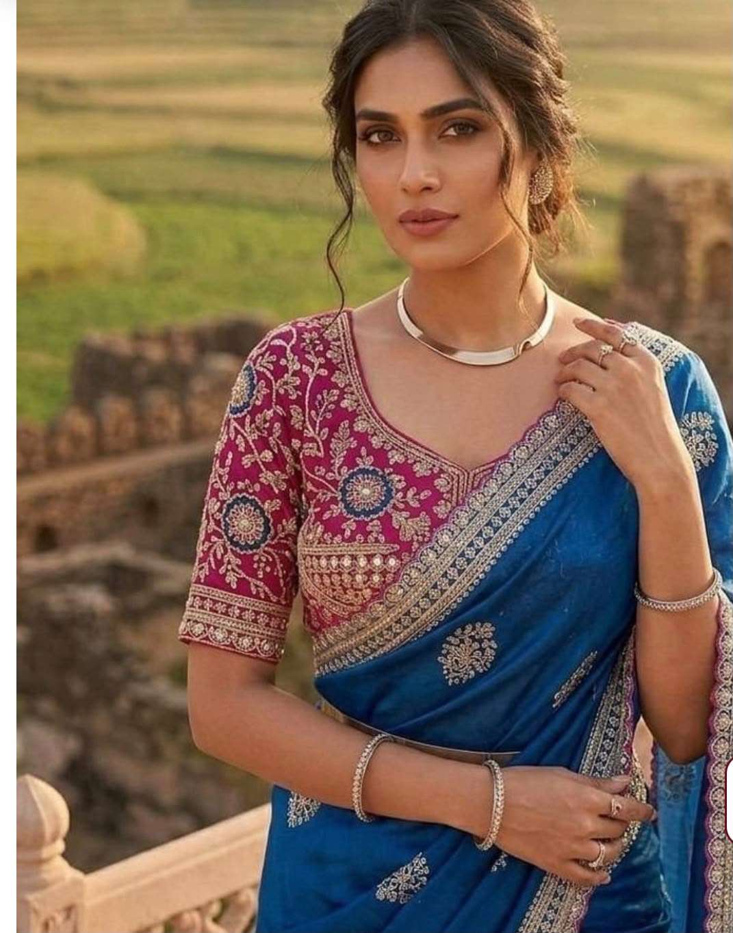 Royal Blue Embroidered Satin Silk Saree with Contrast Pink Sequined stitched Blouse in Germany Namma Markt