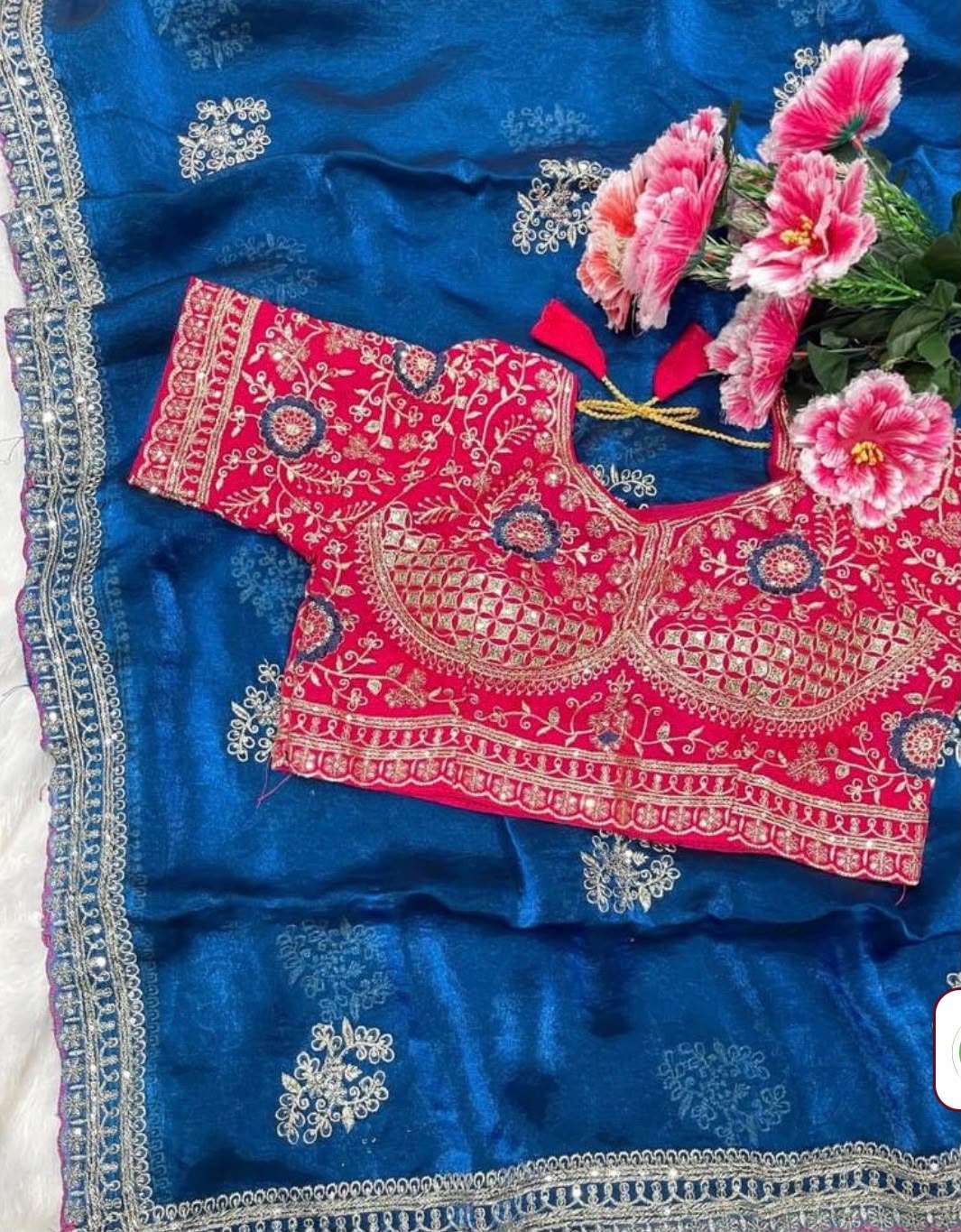 Royal Blue Embroidered Satin Silk Saree with Contrast Pink Sequined stitched Blouse in Germany Namma Markt