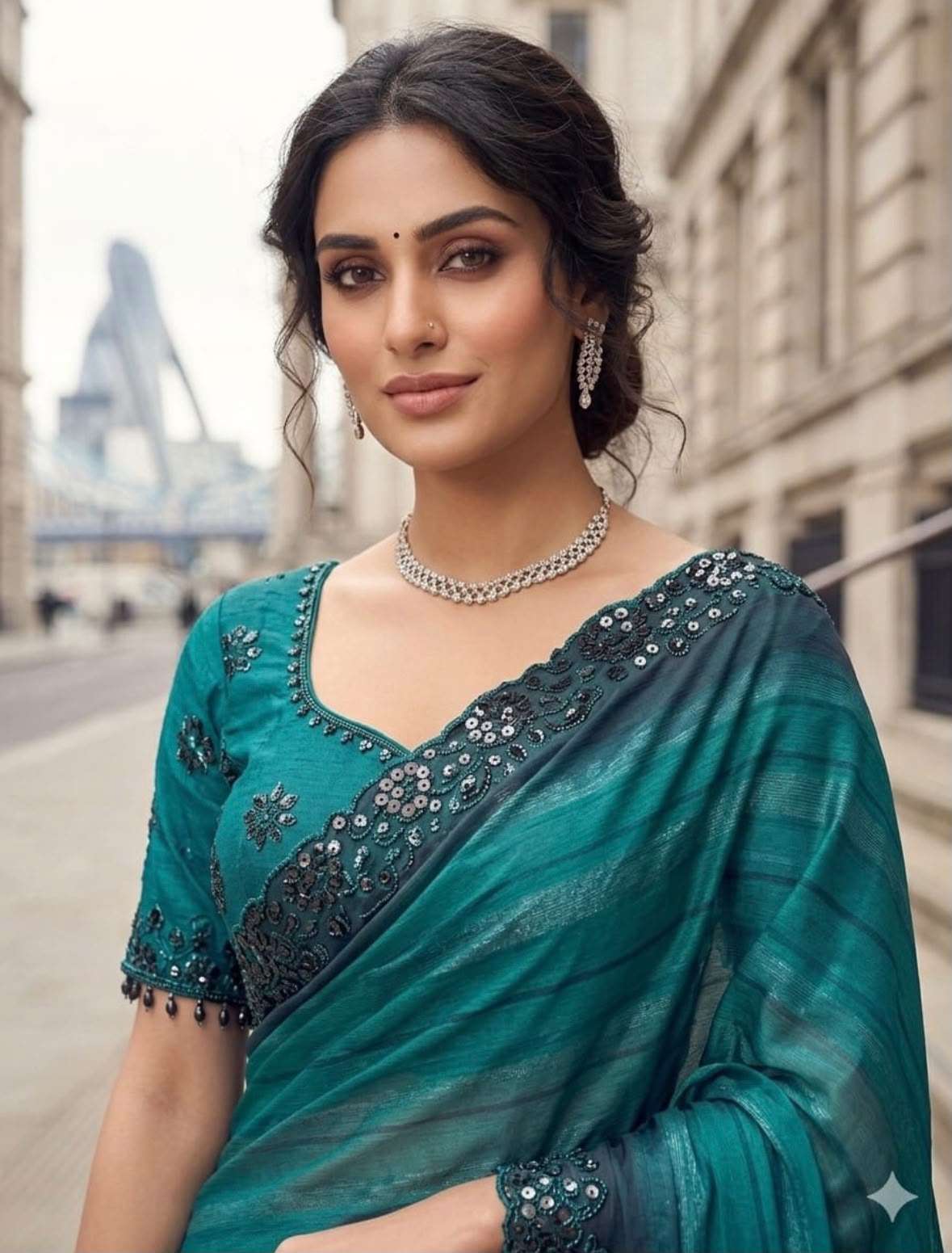 Elegant Teal Blue Georgette Designer Party Wear Saree stitched Blouse in Germany