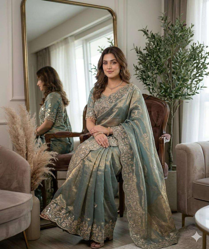 Sage Green Embroidered Organza Saree stitched Blouse