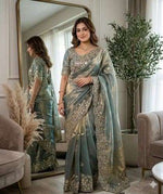 Sage Green Embroidered Organza Saree stitched Blouse in Germany