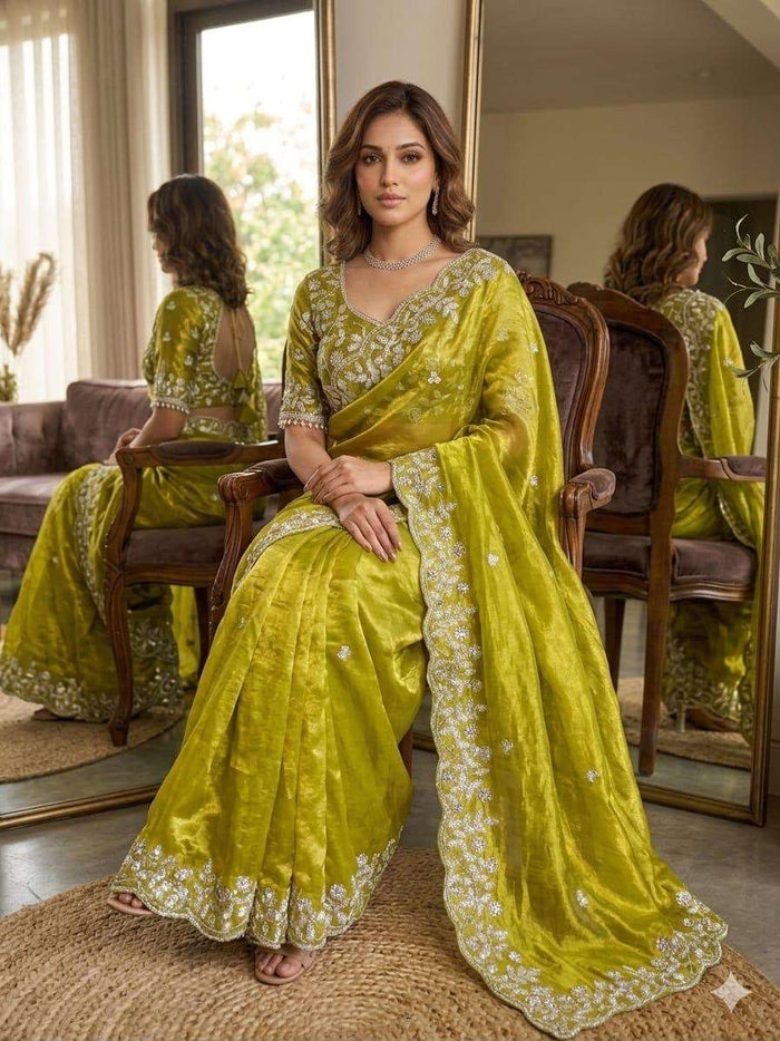 Lime Green Embroidered Organza Saree stitched Blouse