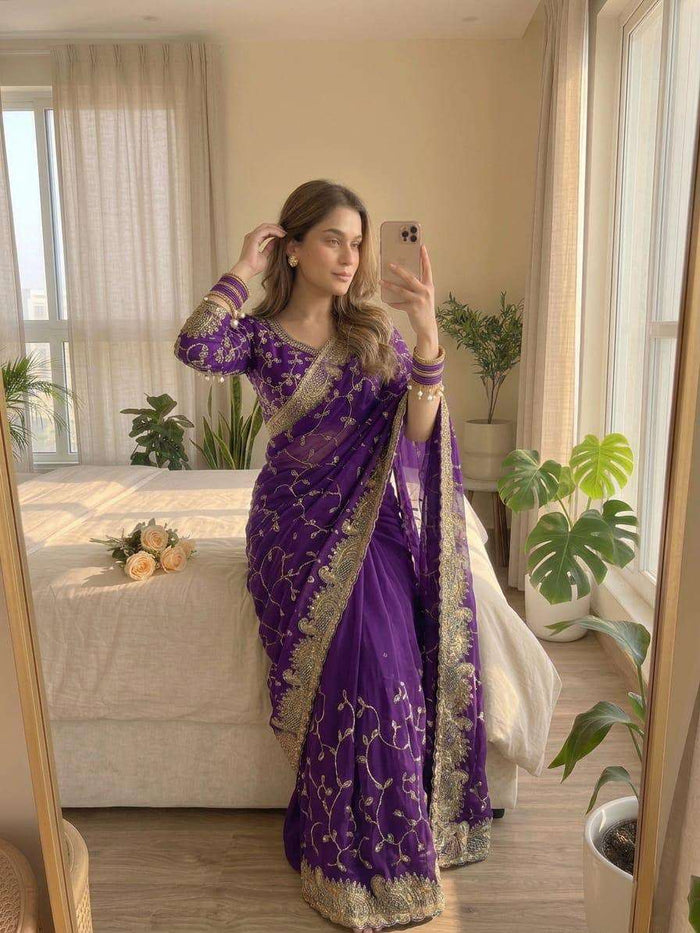 Elegant Purple Georgette Embroidered Party Wear Saree stitched Blouse
