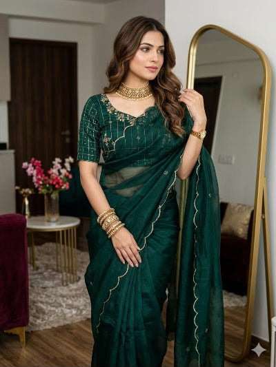 Bottle Green Organza-Silk Saree with Scalloped Border and Embroidered stitched Blouse