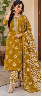 Mustard Yellow Printed Cotton Kurta Set with Dupatta in Berlin