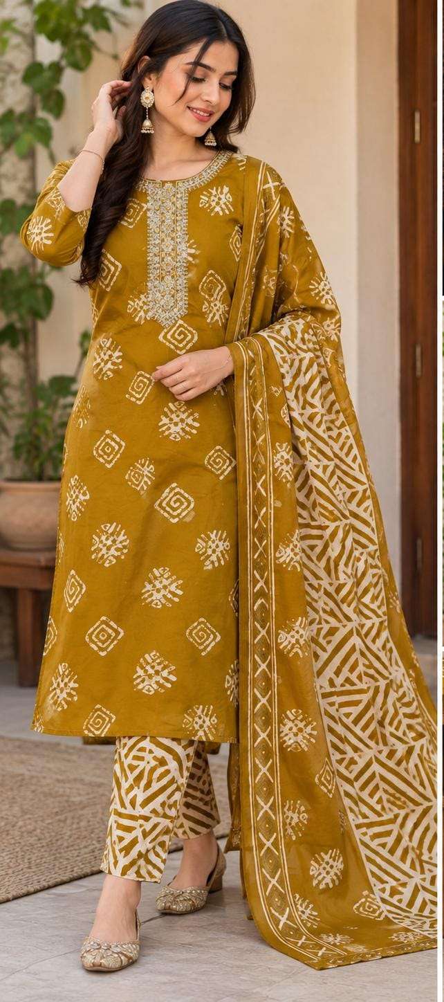 Mustard Yellow Printed Cotton Kurta Set with Dupatta