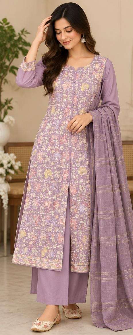 Lavender Floral Print Straight Kurta Set with Palazzo and Dupatta in Berlin