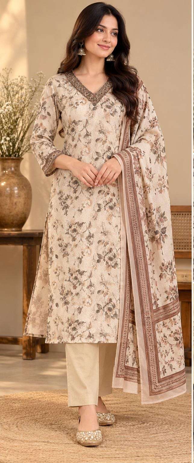 Cream Pure Cotton Floral Printed Suit Set