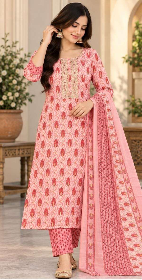Women's pink floral block print pure cotton kurta set with pant and dupatta in Berlin
