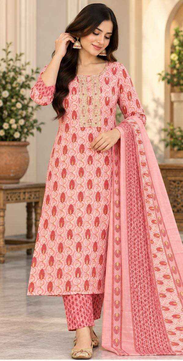 Women's pink floral block print pure cotton kurta set with pant and dupatta in Berlin