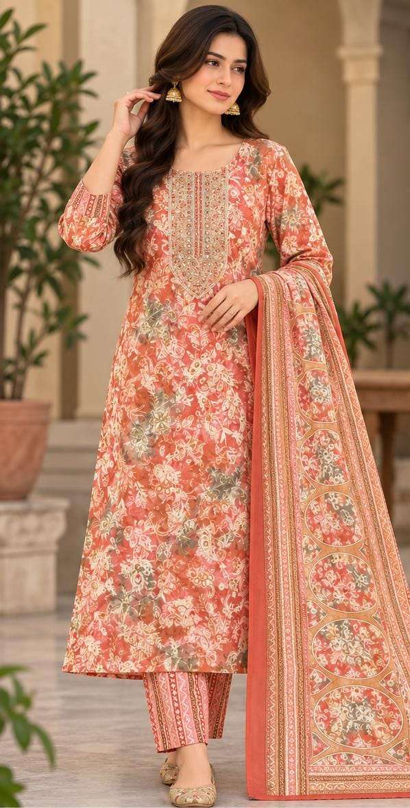 Beige & Peach Cotton Floral Print Kurta Pant Set With Dupatta