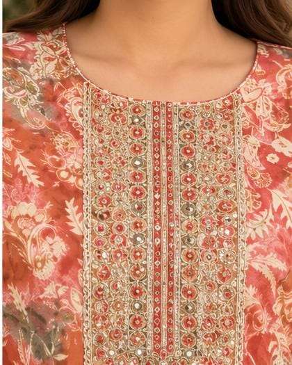 Beige & Peach Cotton Floral Print Kurta Pant Set With Dupatta in Berlin