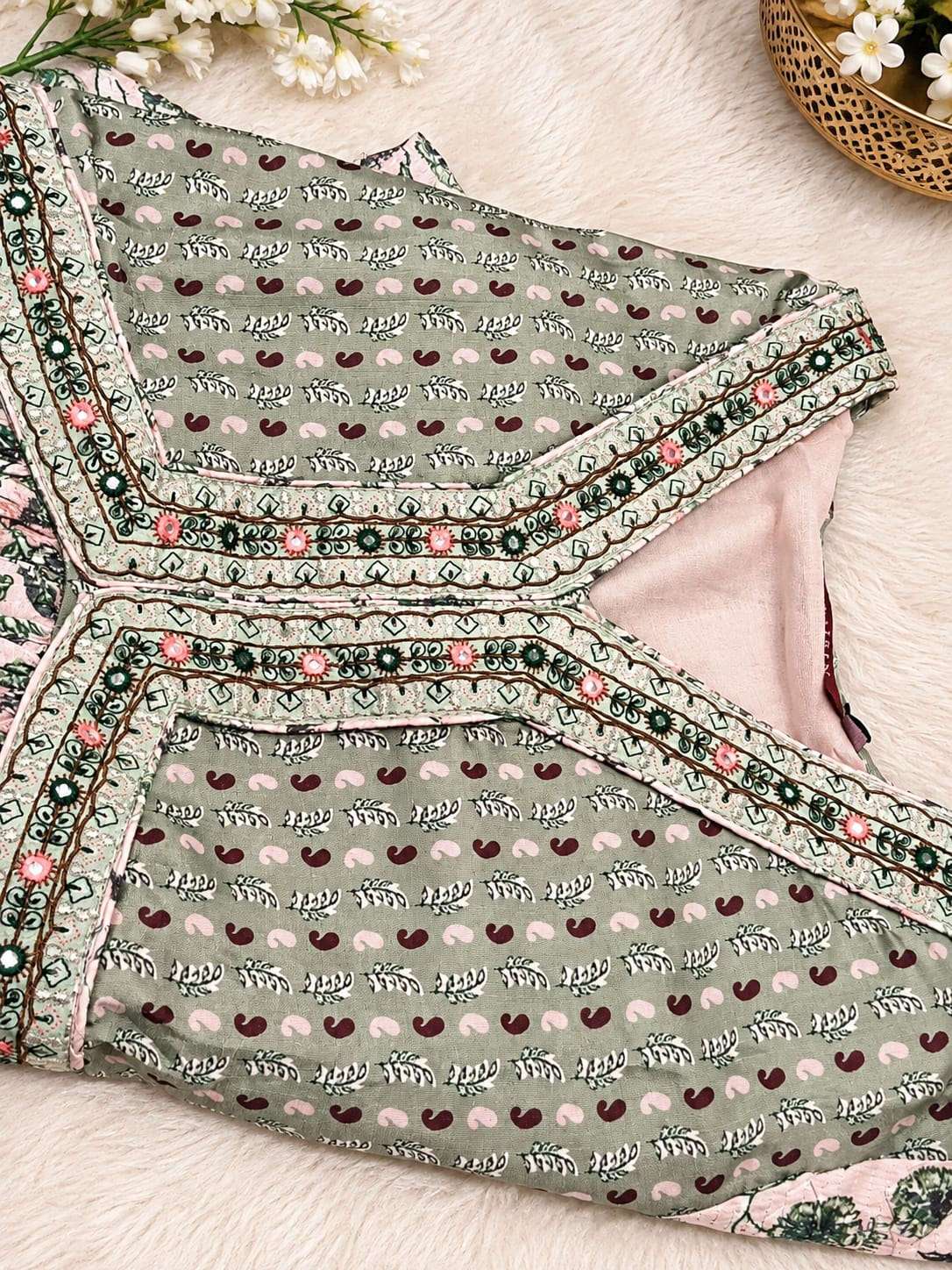 Sage green and off-white floral printed Anarkali suit set  in Berlin Namma Markt