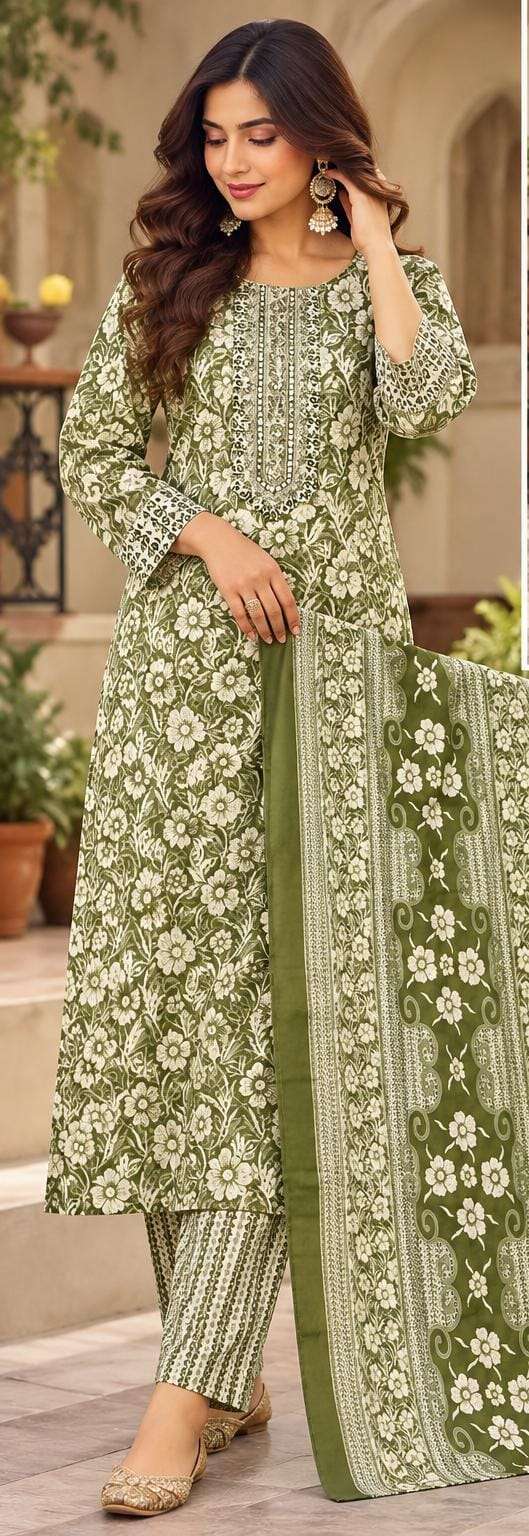 Green Floral Printed Cotton Blend Straight Suit Set With Dupatta in Berlin Namma Markt