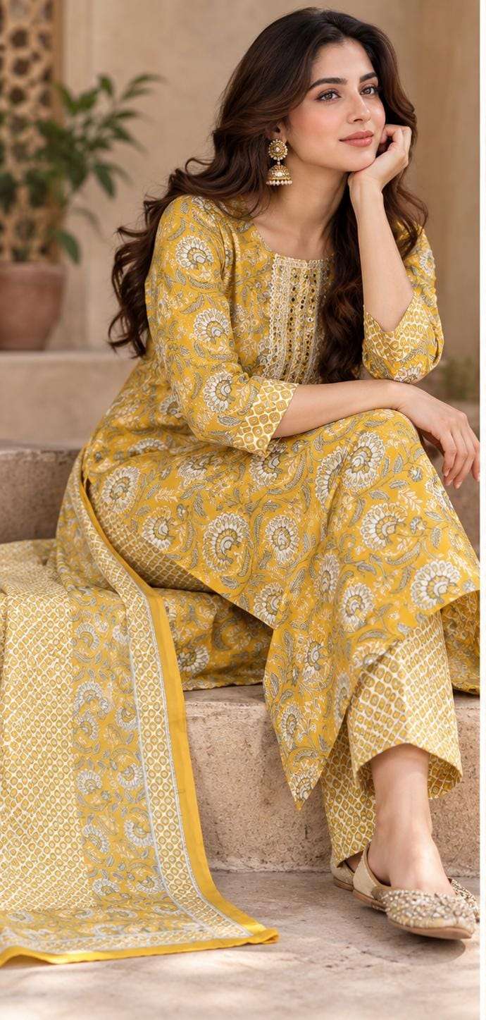 Mustard Floral Printed Cotton Blend Straight Suit Set with Dupatta