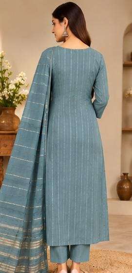 Teal Blue Embroidered Cotton  Kurta Set with Pants & Dupatta in Berlin