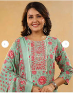 Sea Green Floral Printed Cotton Straight Kurta Set with Trousers & Dupatta in Berlin