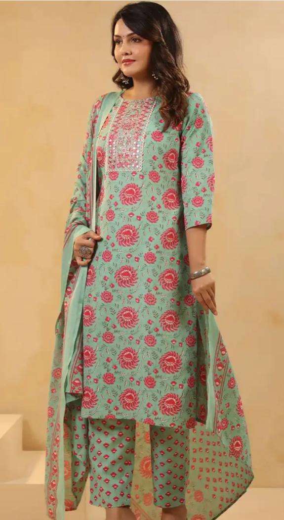 Sea Green Floral Printed Cotton Straight Kurta Set with Trousers & Dupatta in Berlin
