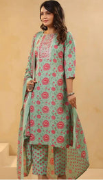 Sea Green Floral Printed Cotton Straight Kurta Set with Trousers & Dupatta in Berlin