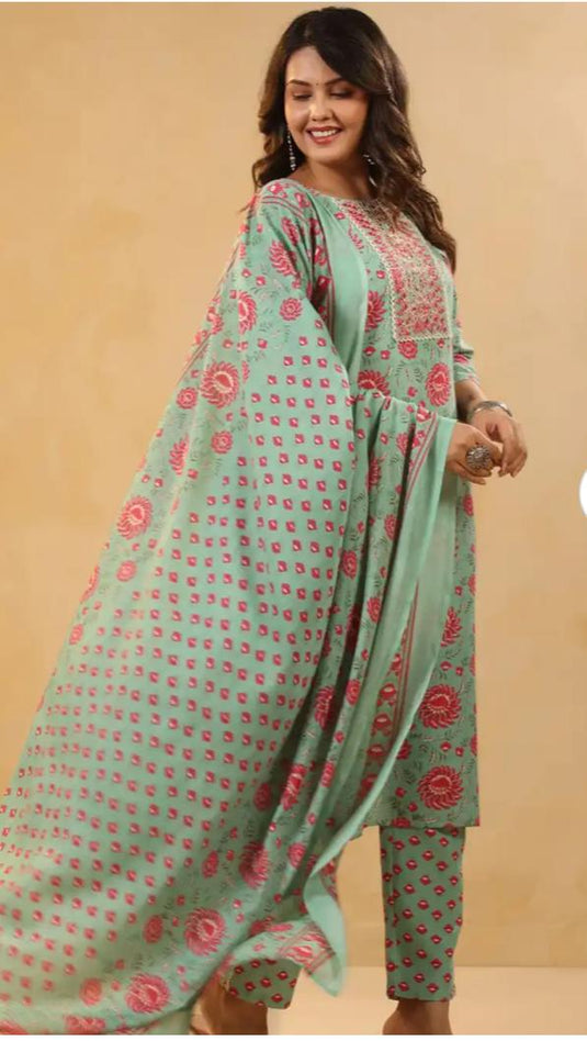 Sea Green Floral Printed Cotton Straight Kurta Set with Trousers & Dupatta in Berlin
