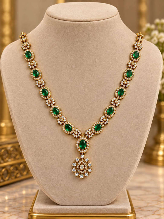 Traditional Gold-Plated Emerald and American Diamond Floral Necklace and Earrings in Germany