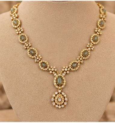 Traditional Gold-Plated Emerald and American Diamond Floral Necklace and Earrings in Germany