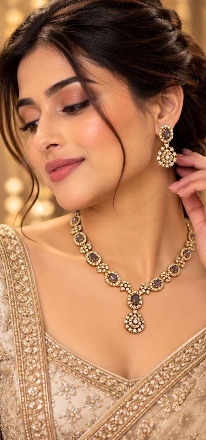 Traditional Gold-Plated Emerald and American Diamond Floral Necklace and Earrings