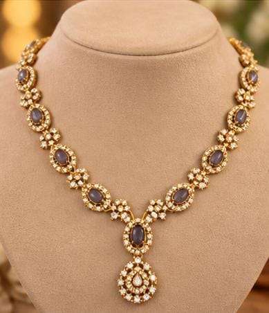 Traditional Gold-Plated Emerald and American Diamond Floral Necklace and Earrings in Germany