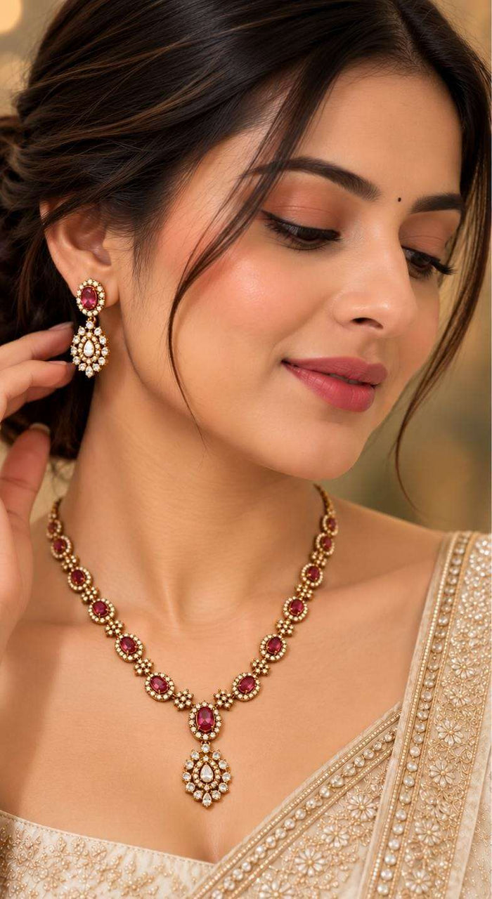 Traditional Gold-Plated Emerald and American Diamond Floral Necklace and Earrings in Germany Namma Markt