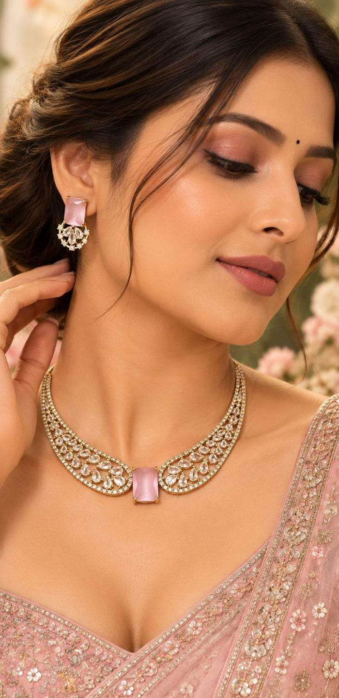 Elegant Emerald and American Diamond Choker Necklace Set