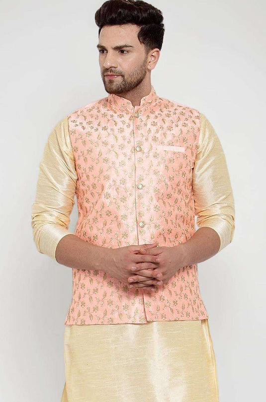 Men's Silk Embroided Kurta set with Nehru Jacket