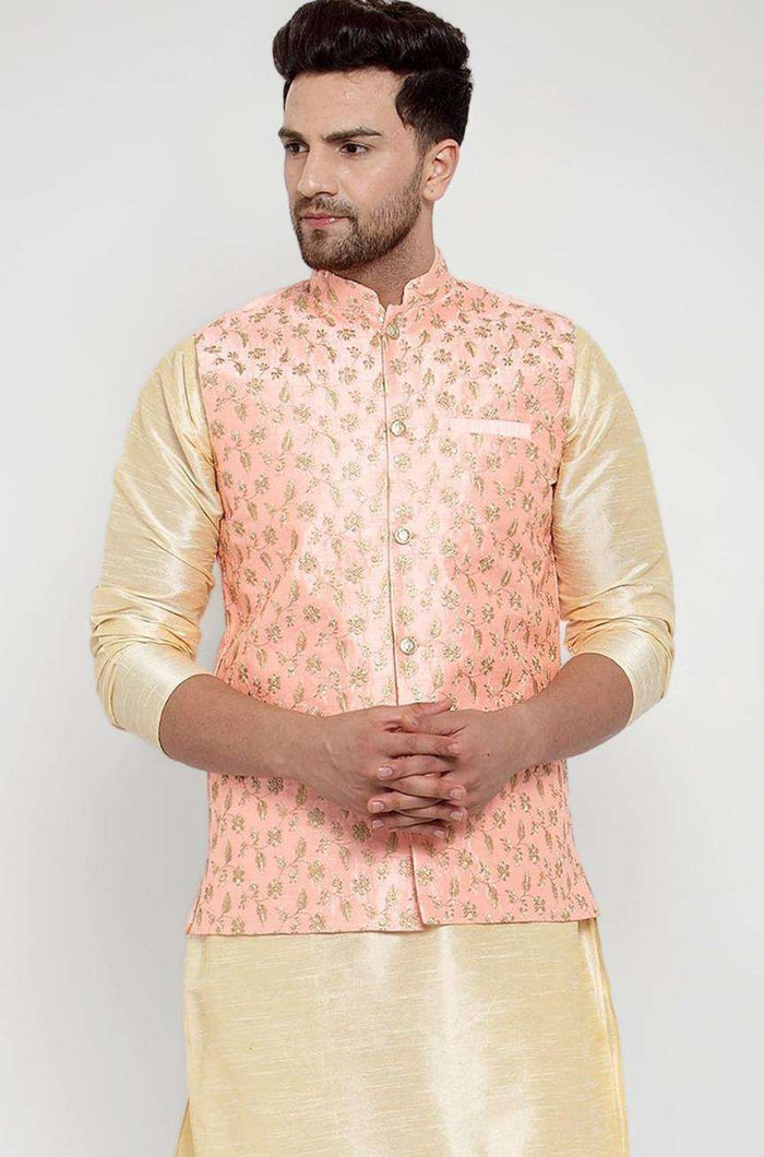 Men's Silk Embroided Kurta set with Nehru Jacket