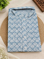 Men's Traditional Light Blue Ikat/Geometric Printed Regular Fit Straight Kurta with Pent in Berlin