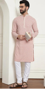 Men's Cotton Gold Embroidered Sequinned Peach Kurta With white churidar Pyjama in Germany