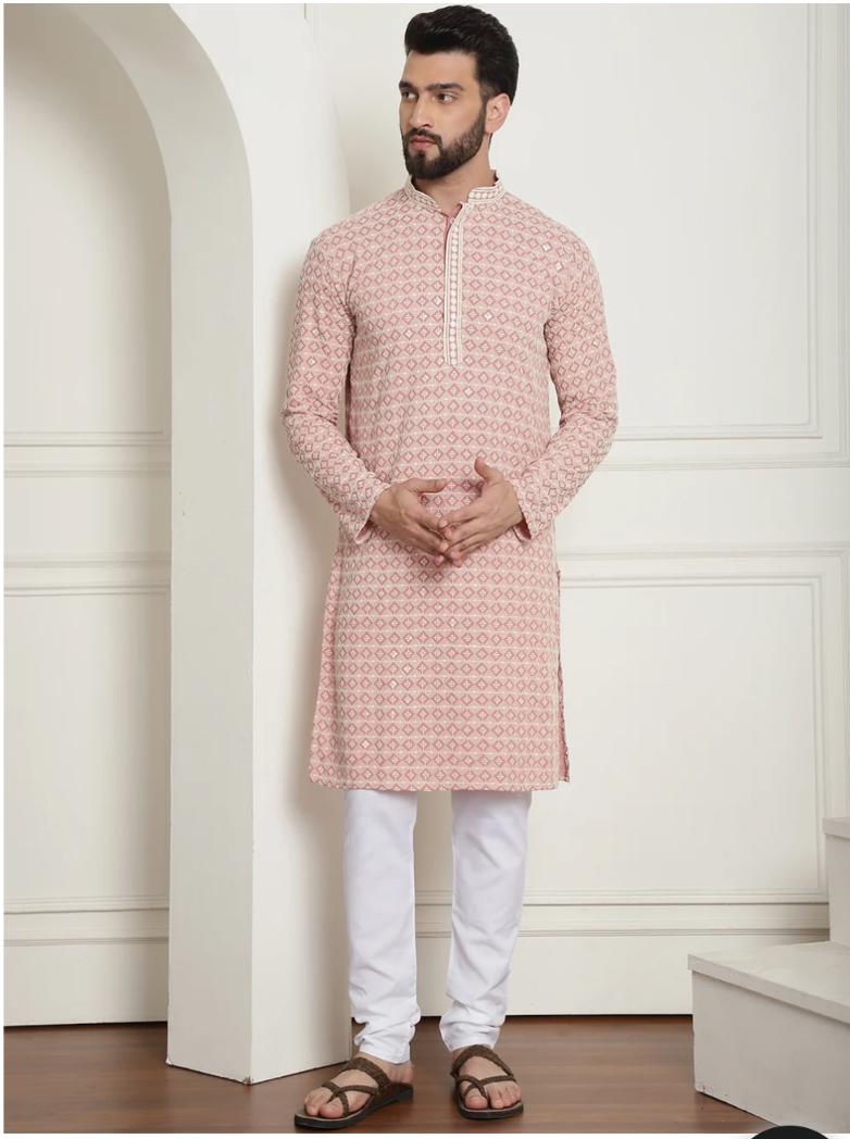 Men's Cotton Gold Embroidered Sequinned Peach Kurta With white churidar Pyjama in Germany
