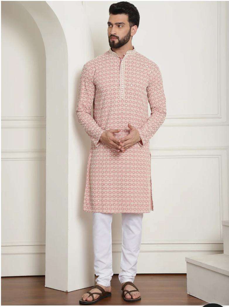 Men's Cotton Gold Embroidered Sequinned Peach Kurta With white churidar Pyjama in Germany