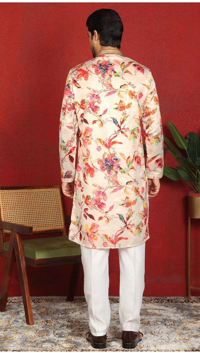 Cotton Silk Floral Printed Anchor Neck Work Cream Kurta Set With White Silk Trouser in Germany