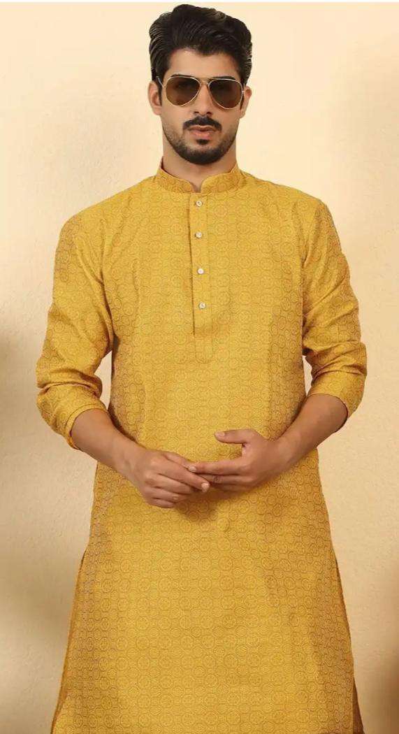 Men Mustard Ethnic Motifs Printed Silk Blend Kurta with Dhoti Pants in Germany