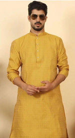 Men Mustard Ethnic Motifs Printed Silk Blend Kurta with Dhoti Pants in Germany