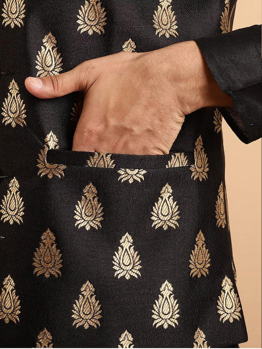 Mens Silk Blend Black Kurta Pyjama & Nehru Jacket in Berlin