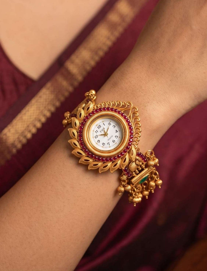 Traditional Kundan & Ruby Embellished Kada Watch