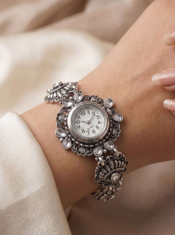 Vintage Oxidized Silver Floral Bracelet Watch for Women