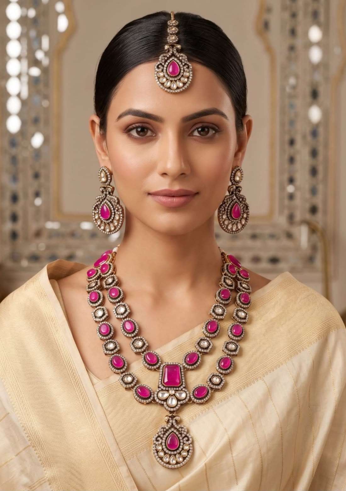 Magenta Kundan Bridal Jewellery Set with Matching Earrings and Maang Tikka in Germany