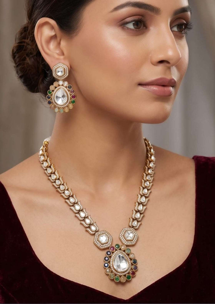 Traditional Indian Kundan Polki Necklace and Earring Set with Multi-Colored Gemstone Detailing
