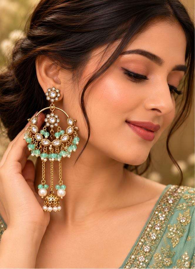 Traditional Mint Green Kundan Chandbali earrings in Berlin